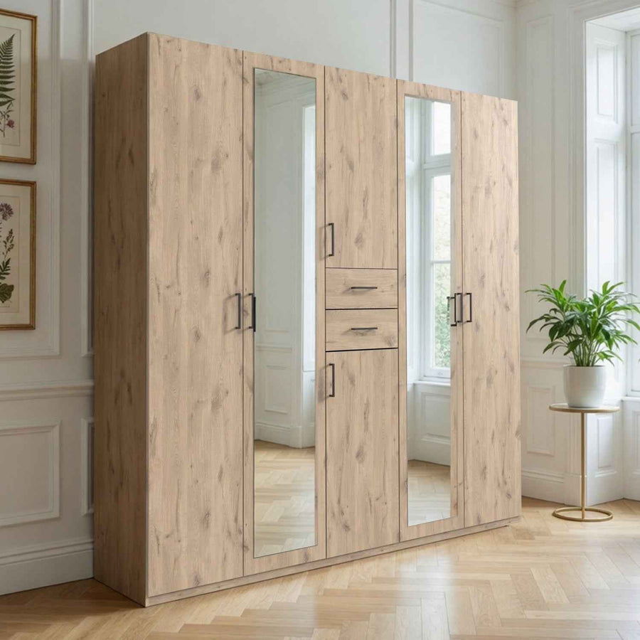Alnwick 5 Door Wardrobe in Viking Oak with Mirrors and Drawers