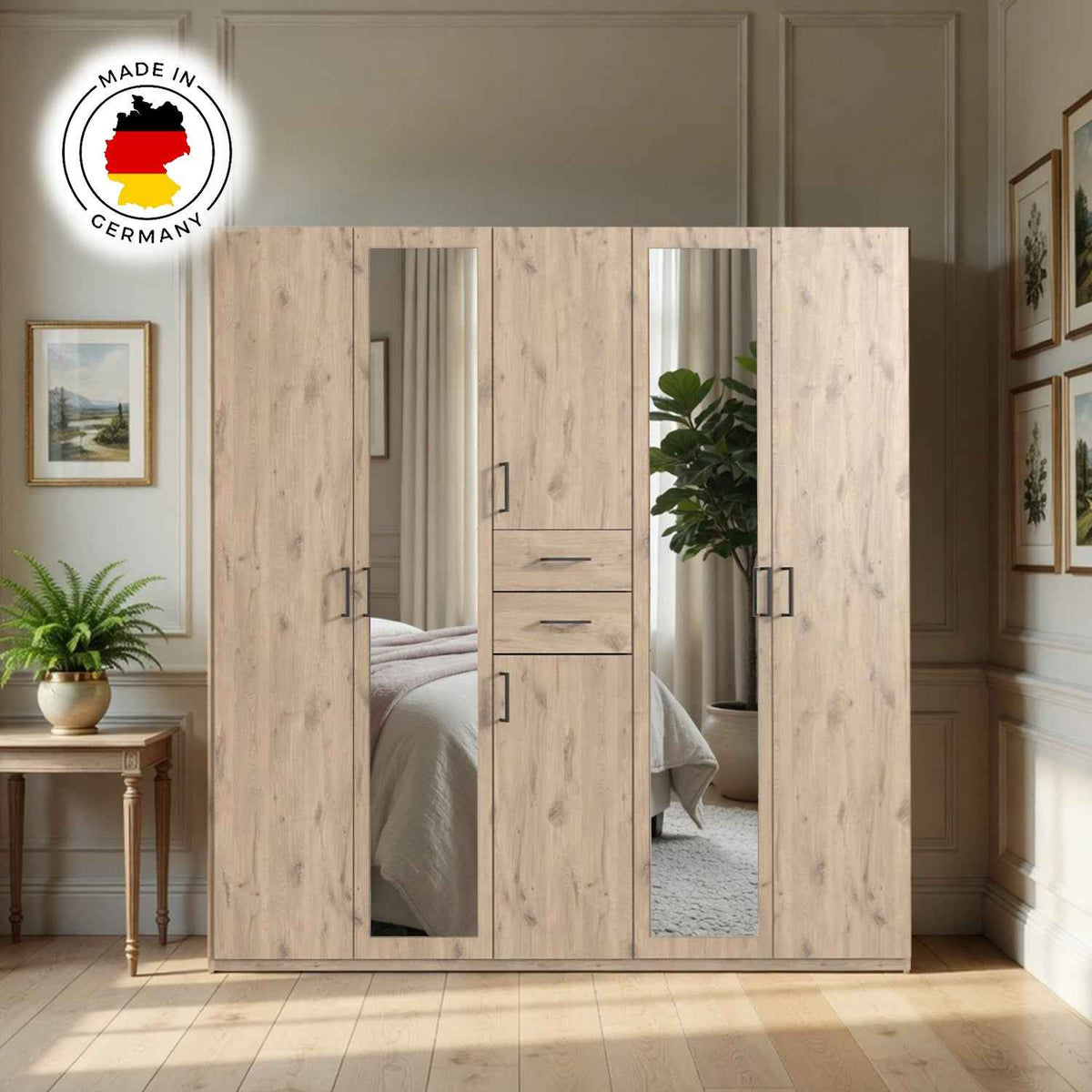 Alnwick 5 Door Wardrobe in Viking Oak with Mirrors and Drawers