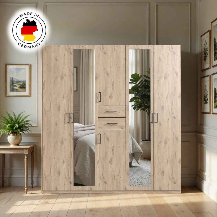 Alnwick 5 Door Wardrobe in Viking Oak with Mirrors and Drawers
