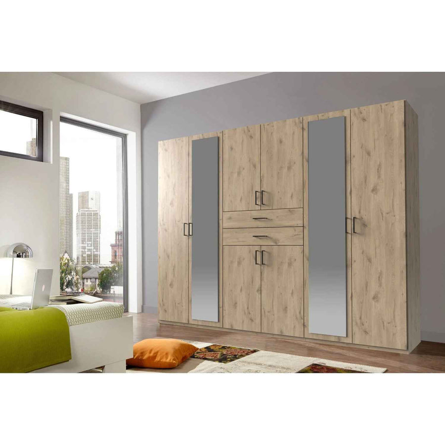 Alnwick 6 Door Wardrobe in Viking Oak with Mirrors and Drawers