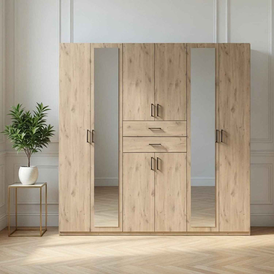 Alnwick 6 Door Wardrobe in Viking Oak with Mirrors and Drawers