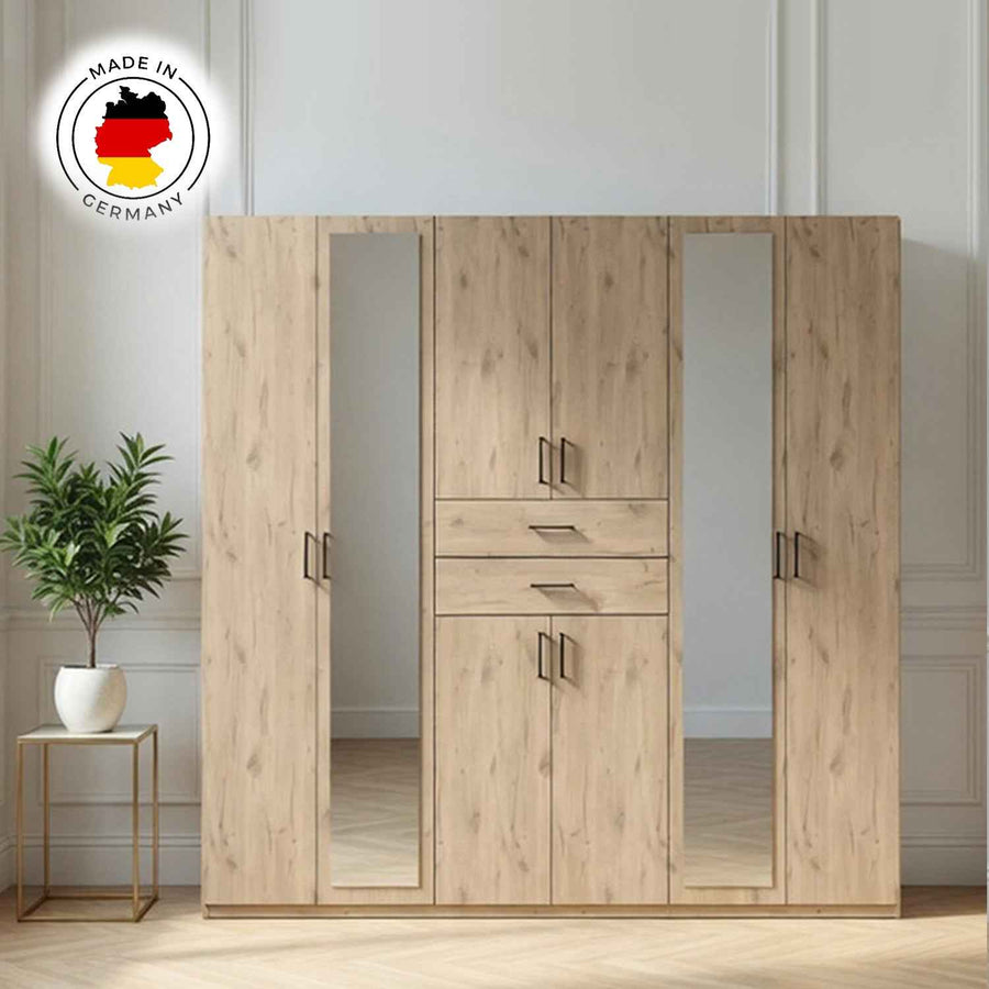 Alnwick 6 Door Wardrobe in Viking Oak with Mirrors and Drawers
