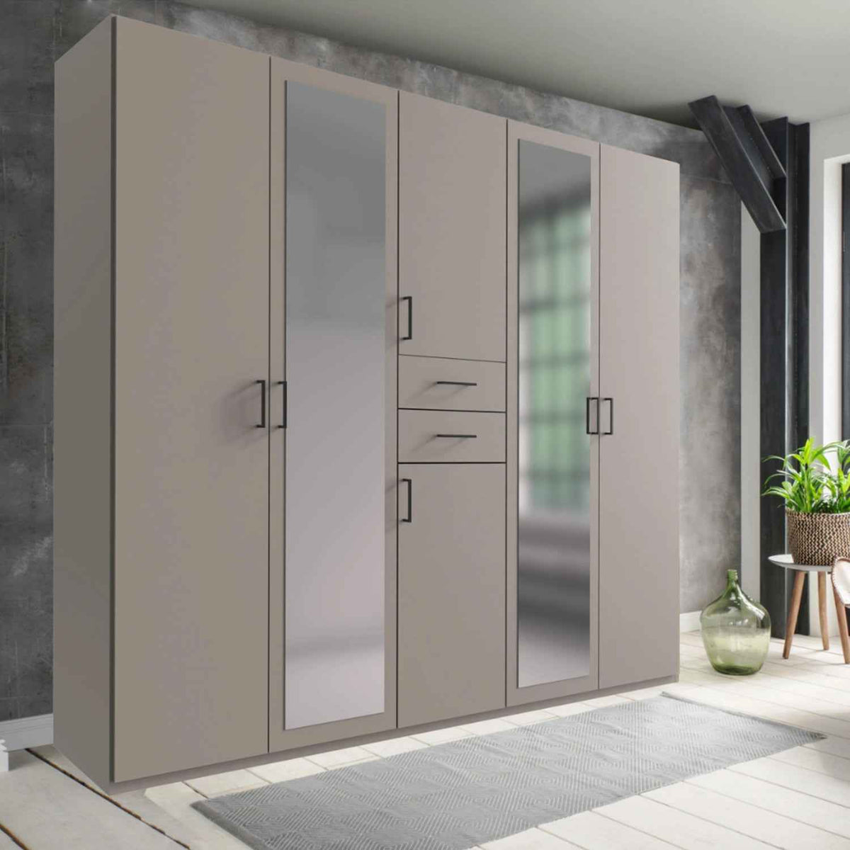 Alnwick 5 Door Wardrobe in Sahara Grey with Mirrors and Drawers