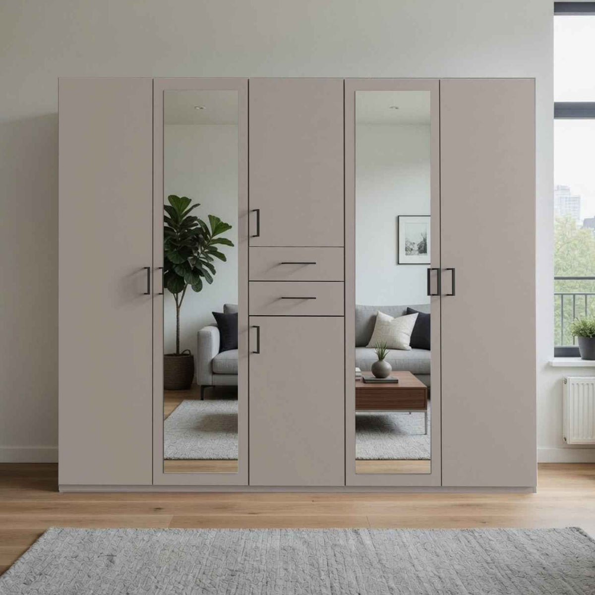 Alnwick 5 Door Wardrobe in Sahara Grey with Mirrors and Drawers