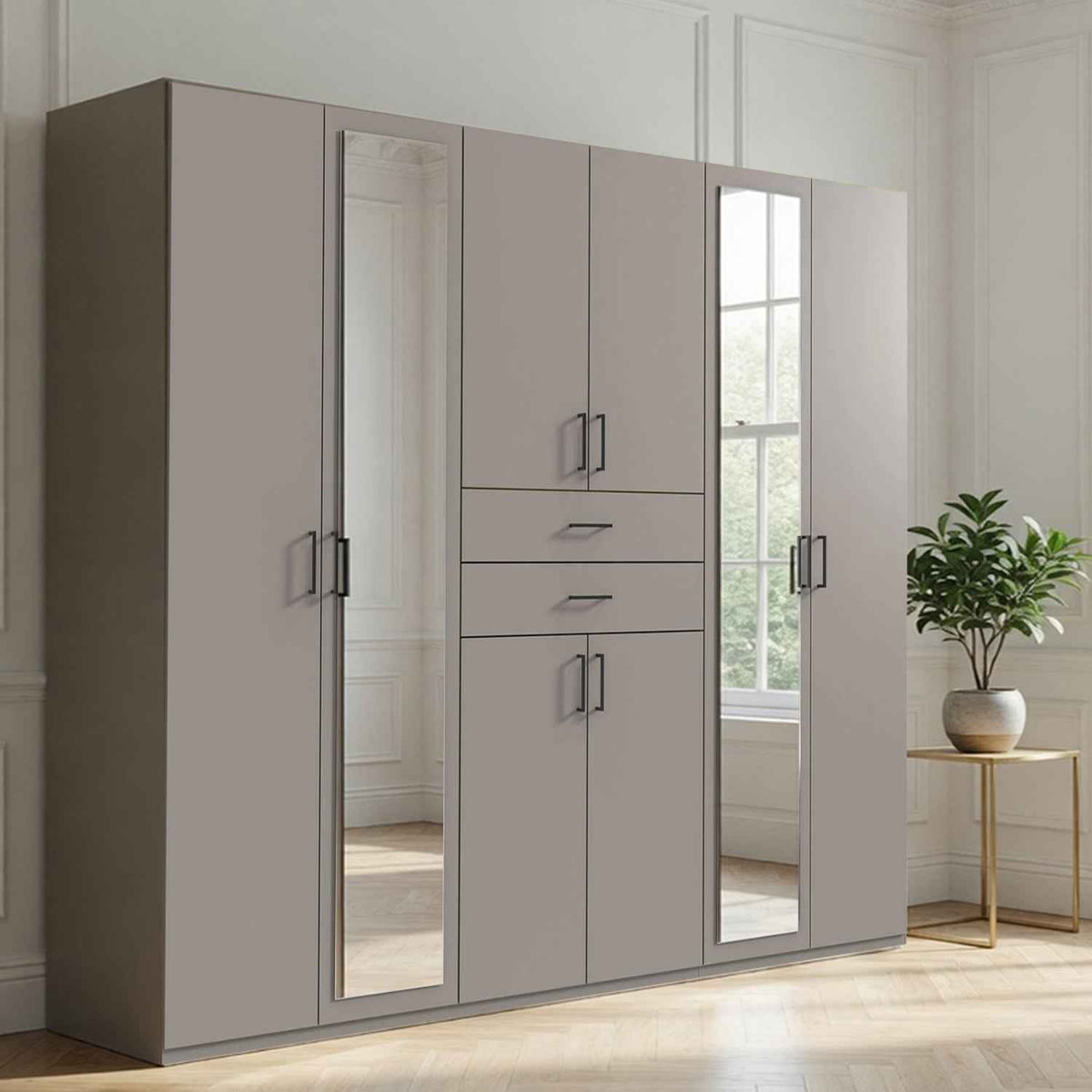Alnwick 6 Door Wardrobe in Grey with Mirrors and Drawers