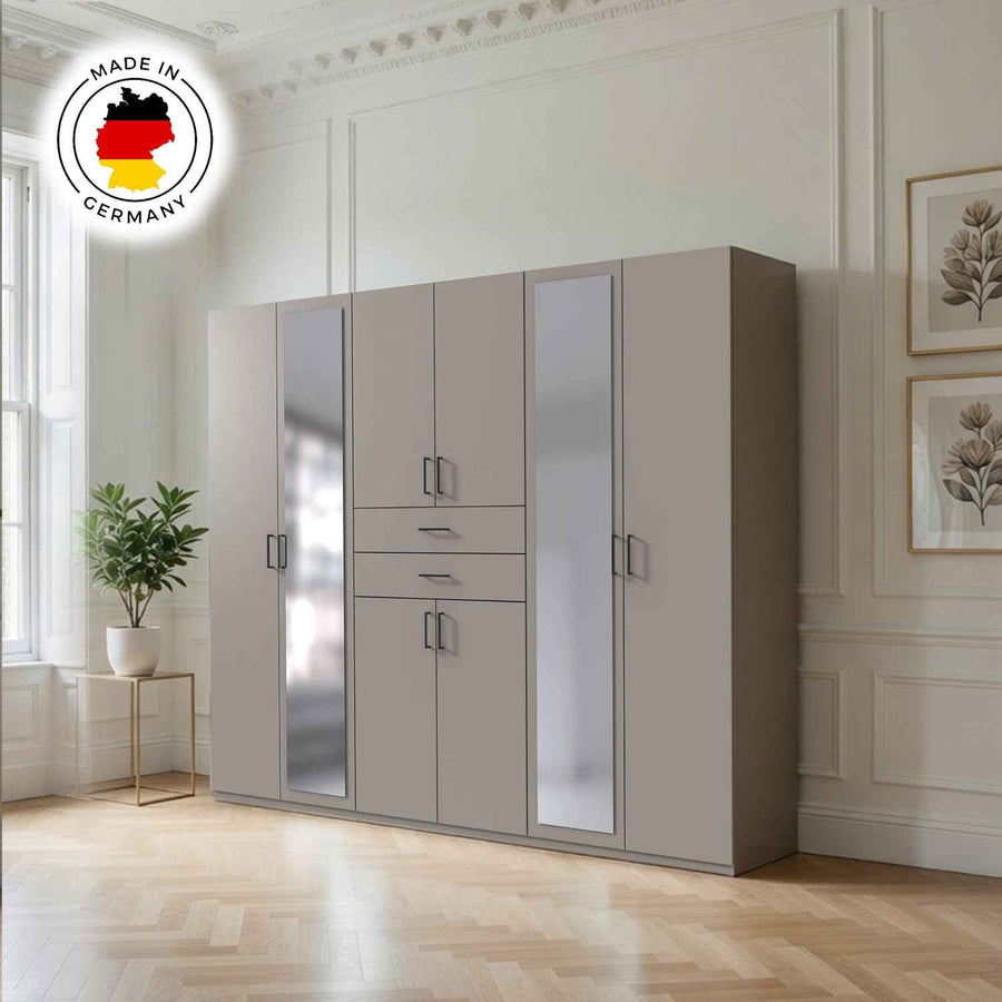 Alnwick 6 Door Wardrobe in Grey with Mirrors and Drawers