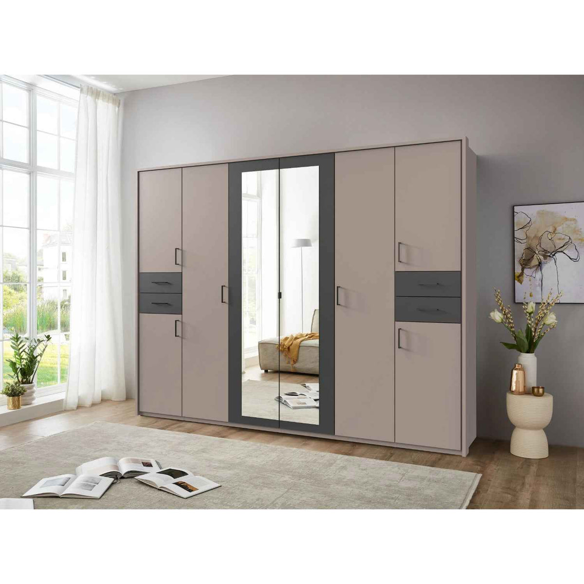 Richmond 6 Door Mirrored Wardrobe in Sahara Grey with Graphite Drawers and Black Handles