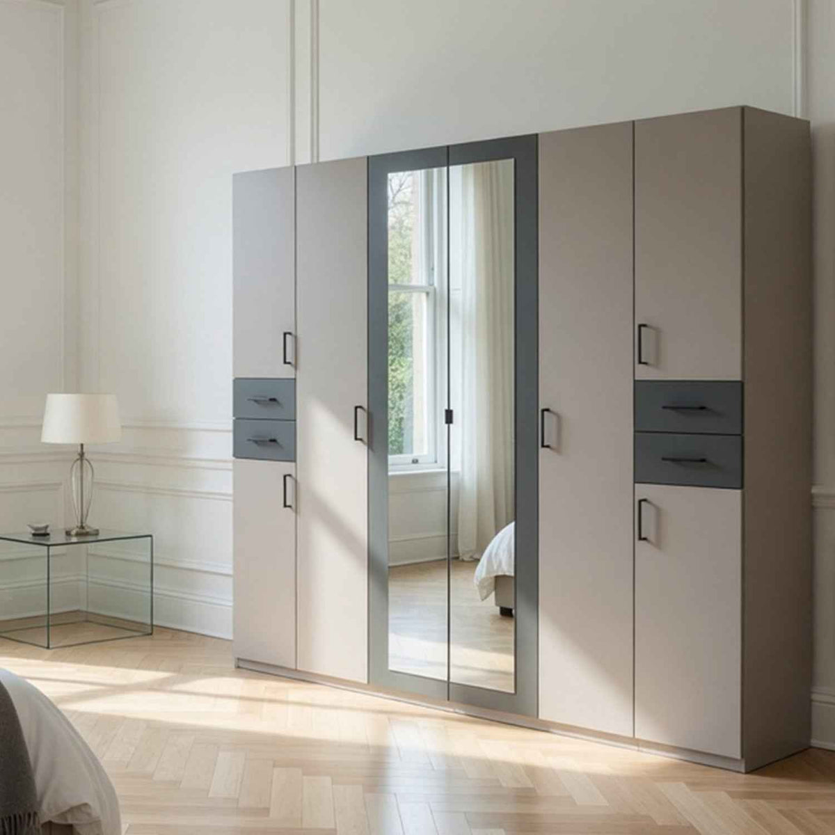 Richmond 6 Door Mirrored Wardrobe in Sahara Grey with Graphite Drawers and Black Handles
