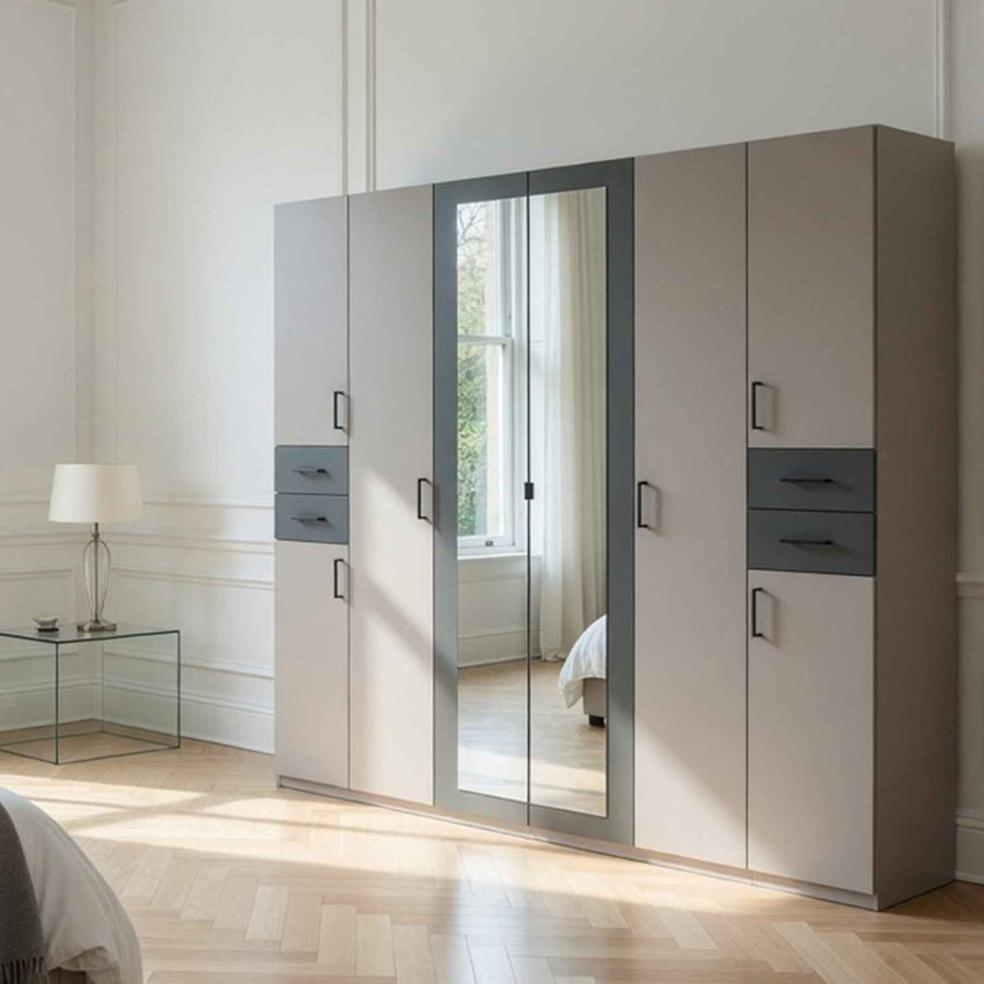 Richmond 6 Door Mirrored Wardrobe in Sahara Grey with Graphite Drawers and Black Handles