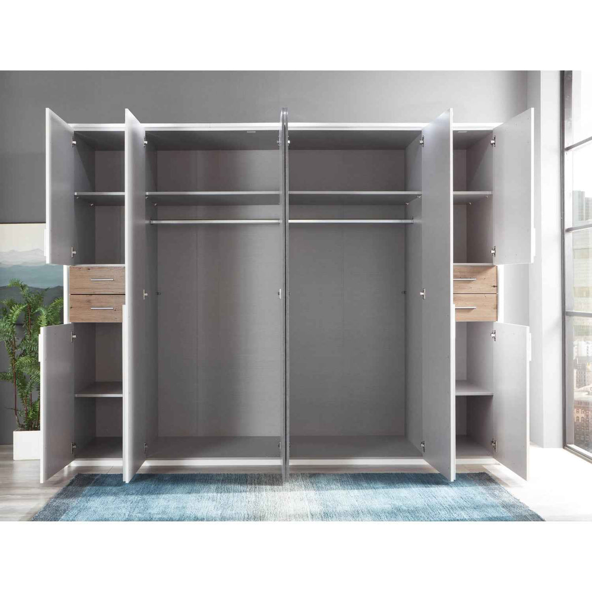 Richmond 6 Door Mirrored Wardrobe in Sahara Grey with Graphite Drawers and Black Handles