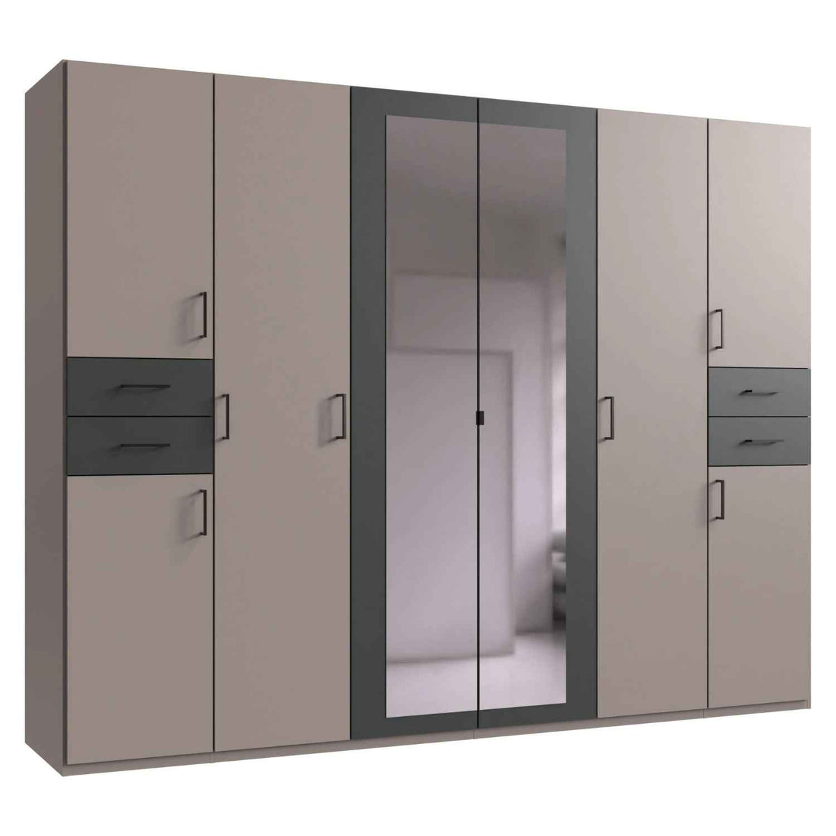 Richmond 6 Door Mirrored Wardrobe in Sahara Grey with Graphite Drawers and Black Handles