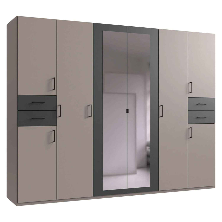 Richmond 6 Door Mirrored Wardrobe in Sahara Grey with Graphite Drawers and Black Handles