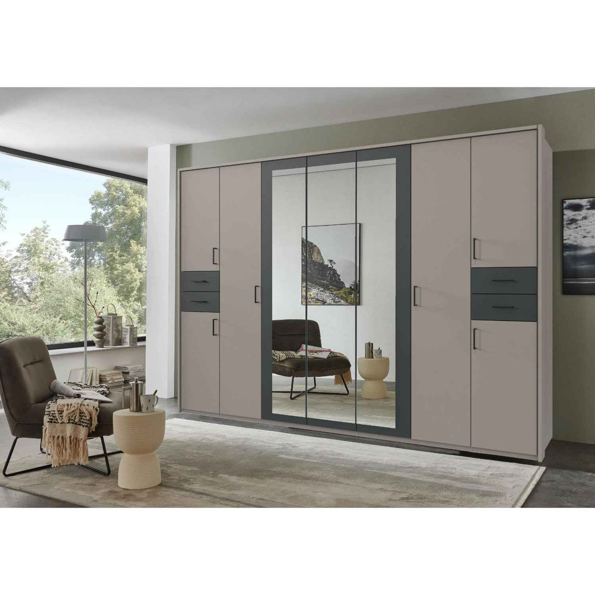 Richmond 7 Door Wardrobe in Grey Sahara with Graphite Drawers and Black Handles
