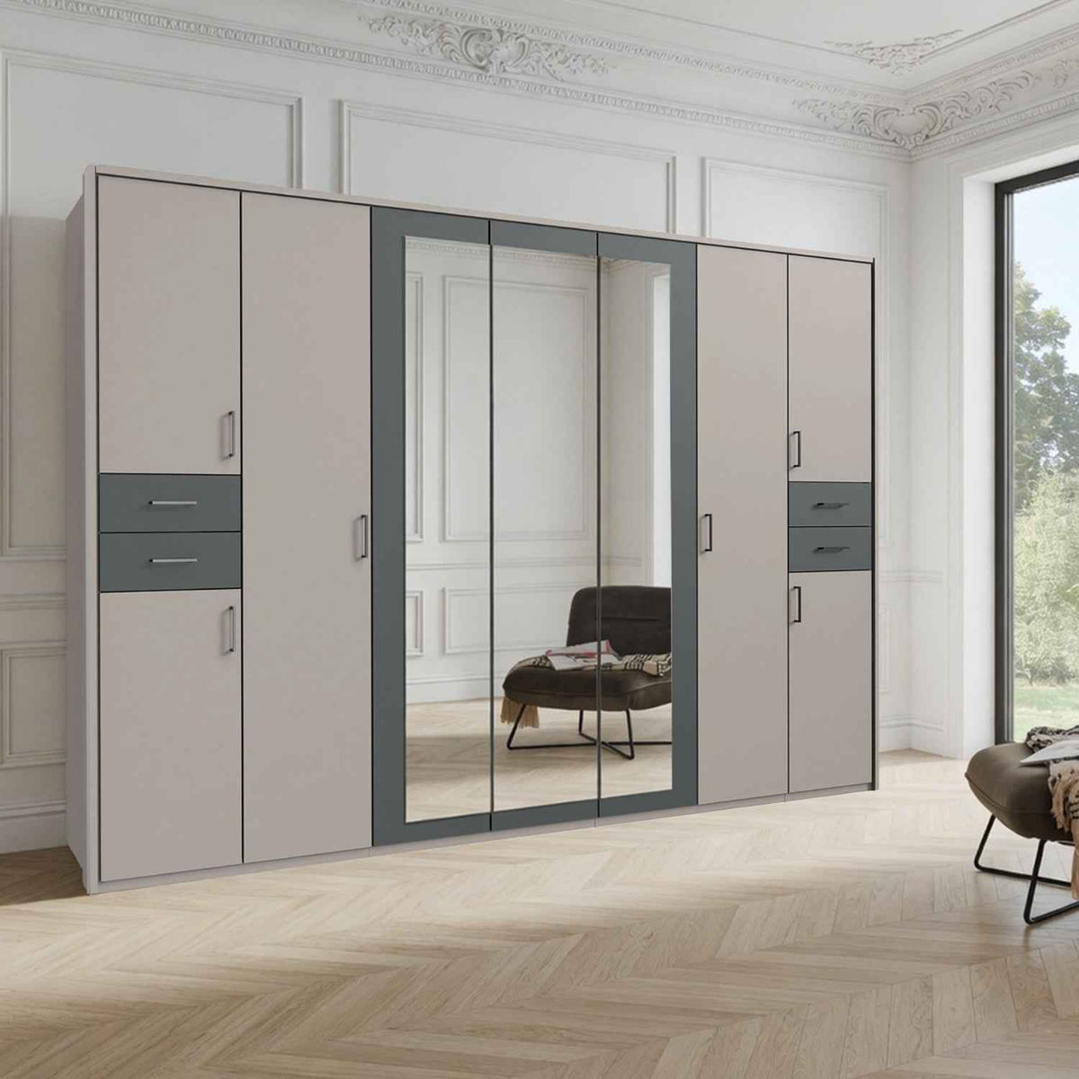 Richmond 7 Door Wardrobe in Grey Sahara with Graphite Drawers and Black Handles