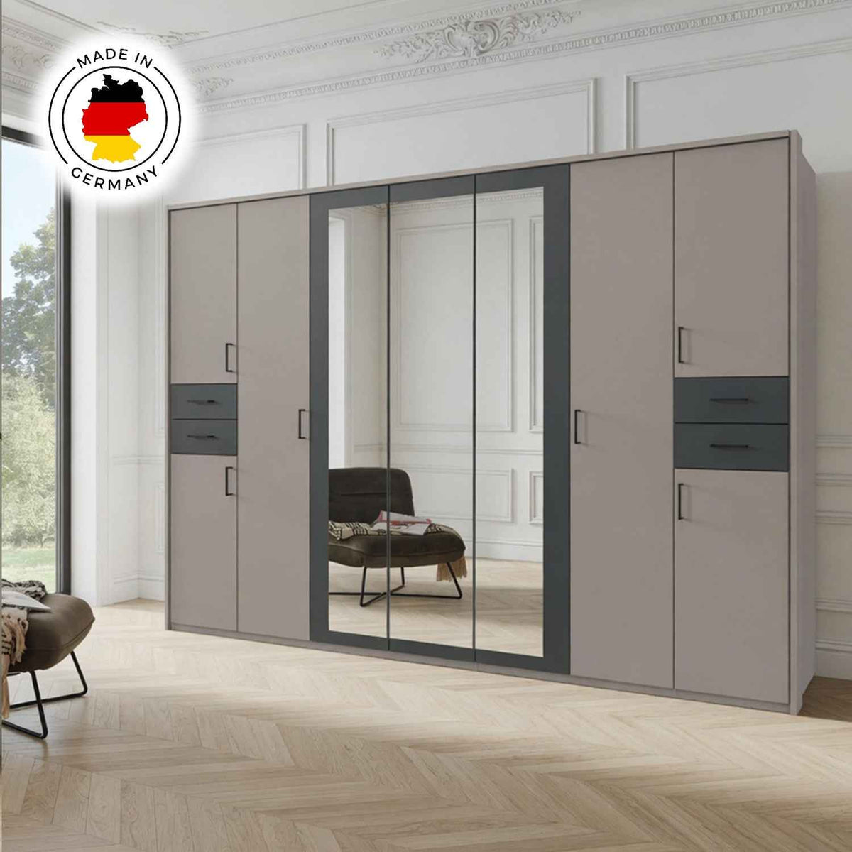 Richmond 7 Door Wardrobe in Grey Sahara with Graphite Drawers and Black Handles