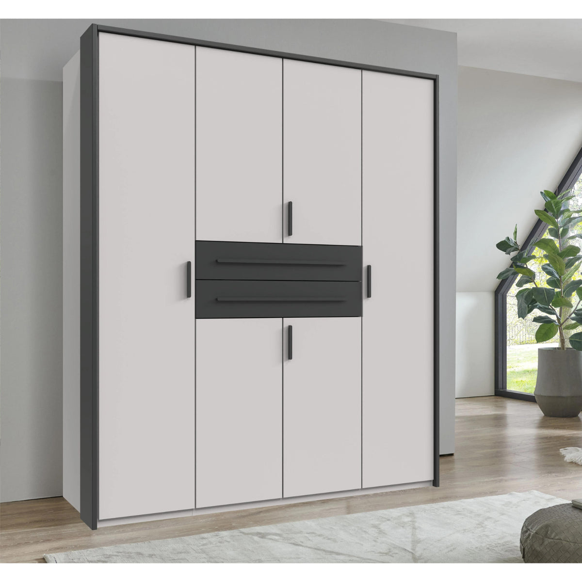 Dorset 4 Door Wardrobe in White with Graphite Drawers and Black Handles - image 7