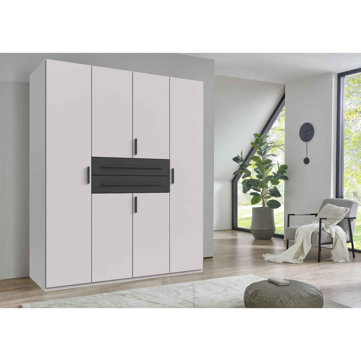 Dorset 4 Door Wardrobe in White with Graphite Drawers and Black Handles