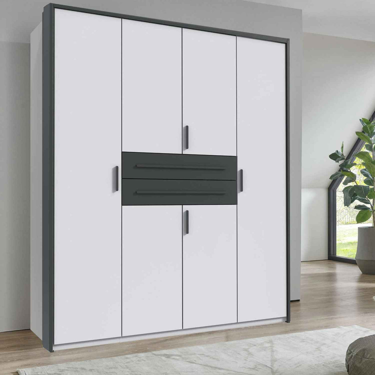 Dorset 4 Door Wardrobe in White with Graphite Drawers and Black Handles
