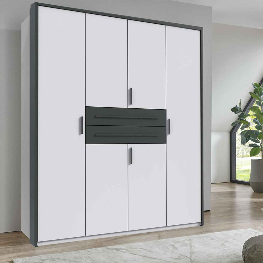 Dorset 4 Door Wardrobe in White with Graphite Drawers and Black Handles