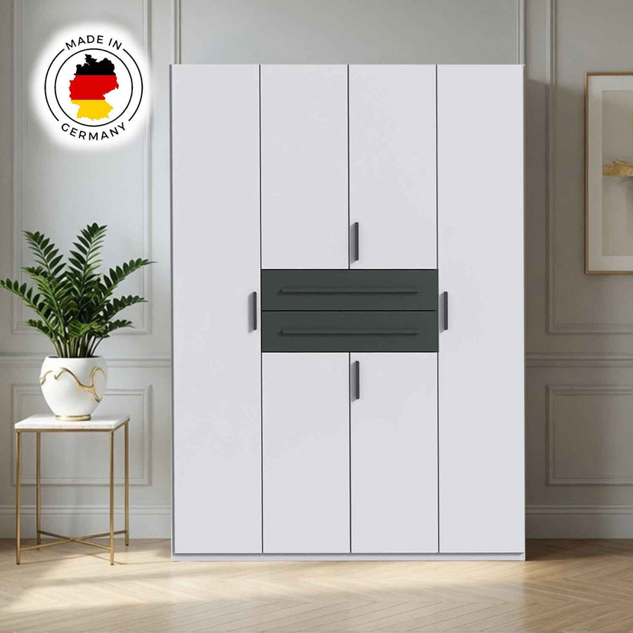 Dorset 4 Door Wardrobe in White with Graphite Drawers and Black Handles
