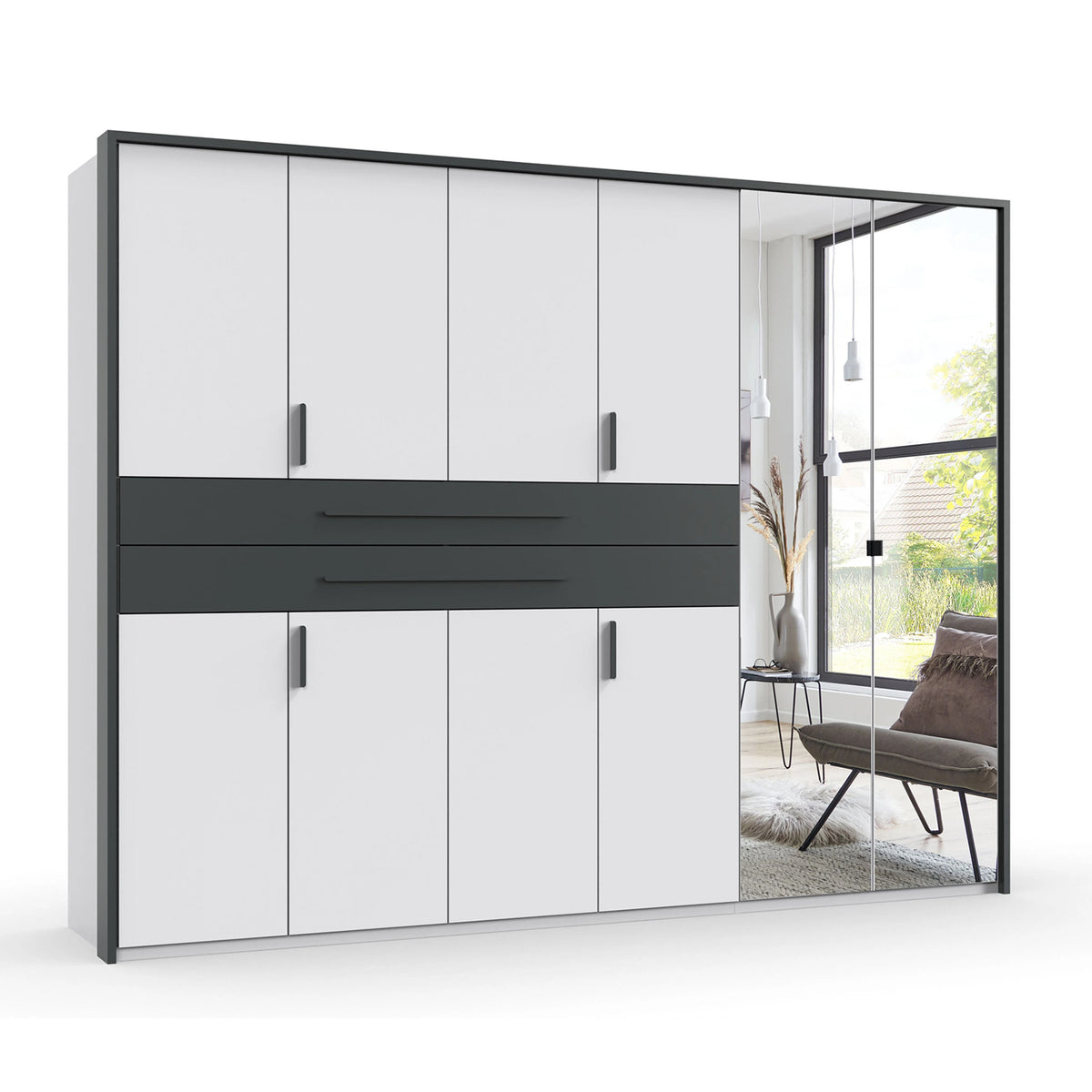 Dorset 6 Door Mirrored Wardrobe in White with Graphite Drawers and Black Handles - image 6