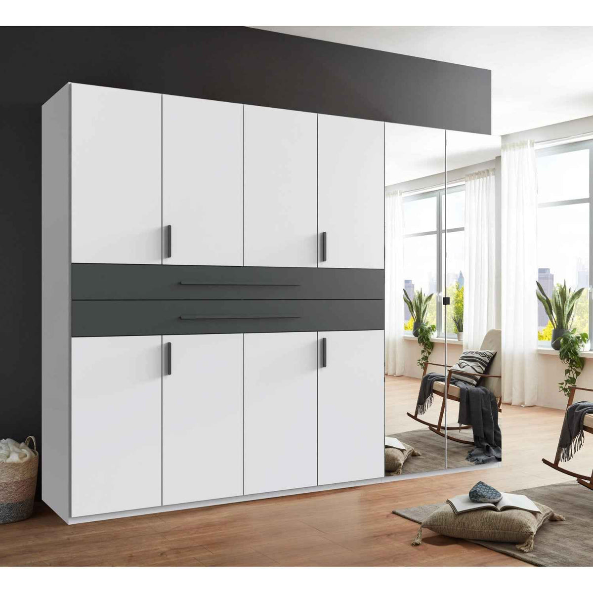 Dorset 6 Door Mirrored Wardrobe in White with Graphite Drawers and Black Handles