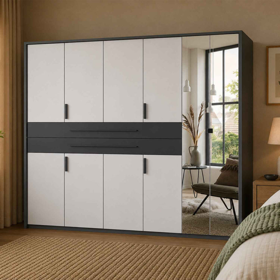Dorset 6 Door Mirrored Wardrobe in White with Graphite Drawers and Black Handles
