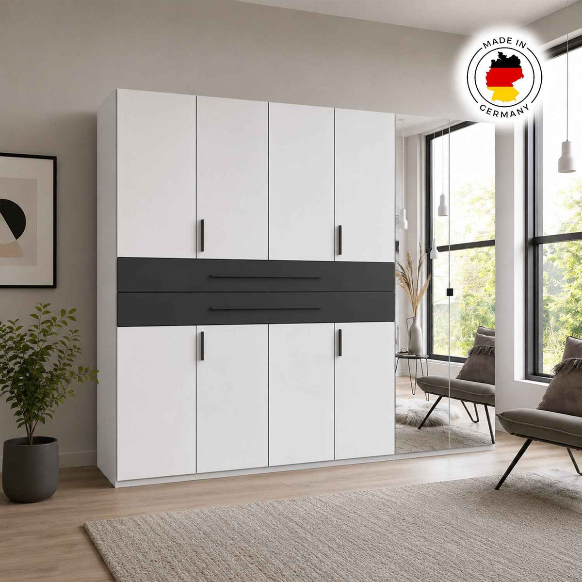 Dorset 6 Door Mirrored Wardrobe in White with Graphite Drawers and Black Handles