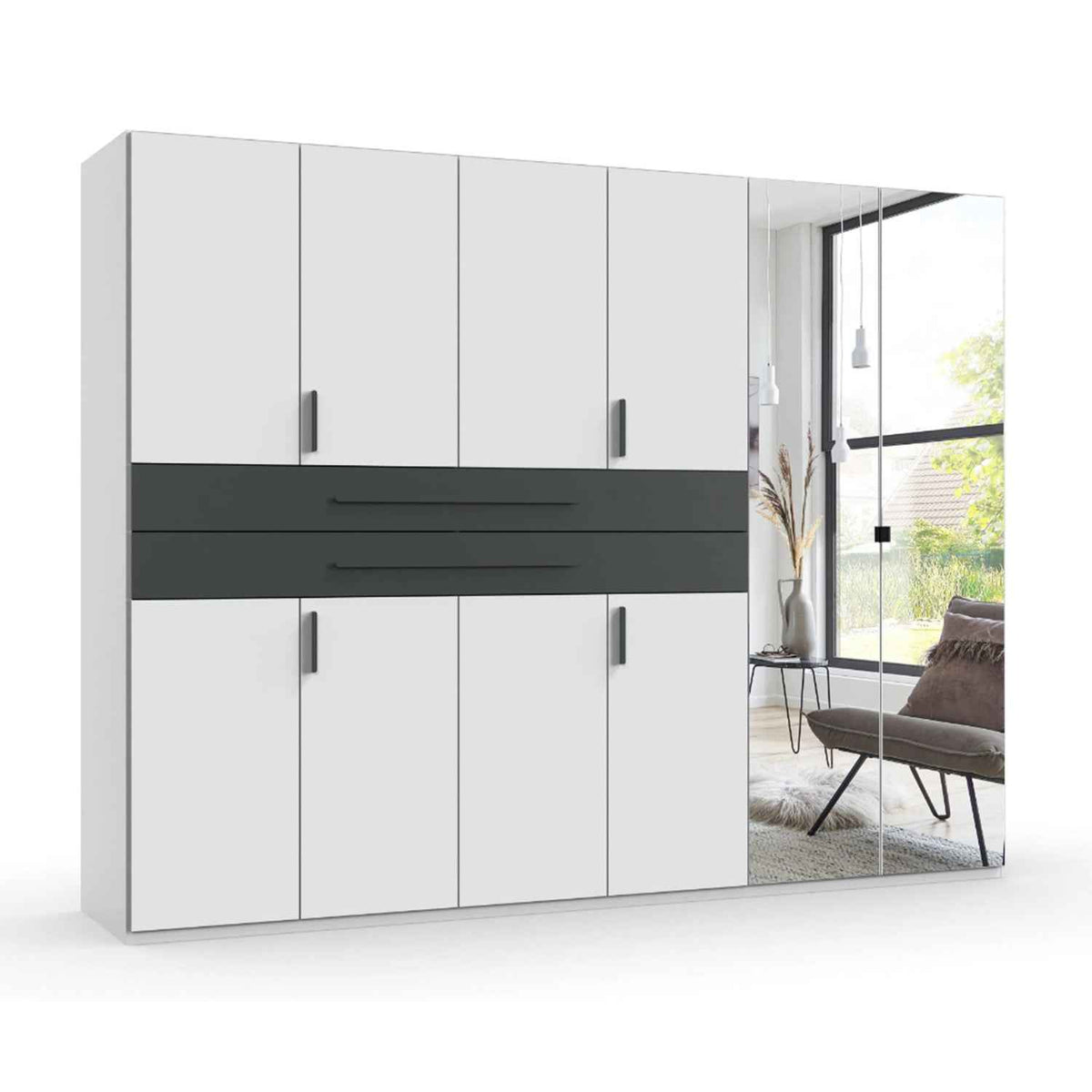 Dorset 6 Door Mirrored Wardrobe in White with Graphite Drawers and Black Handles