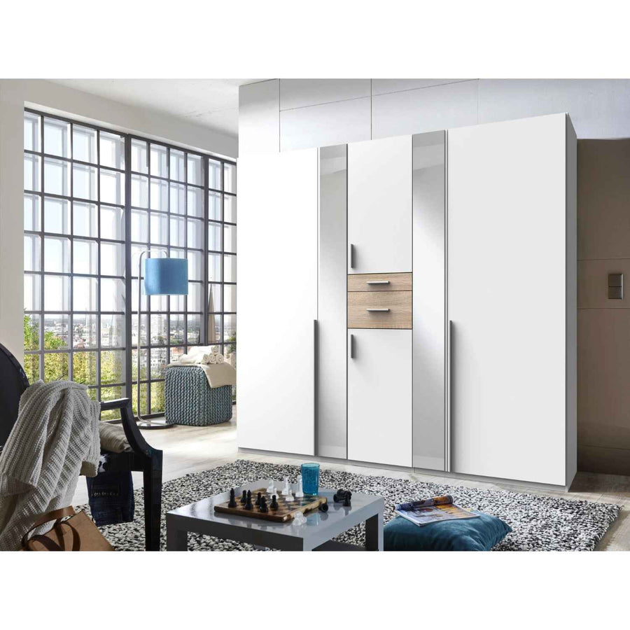 Canterbury Oak and White 5 Door Wardrobe with Mirrors and Drawers