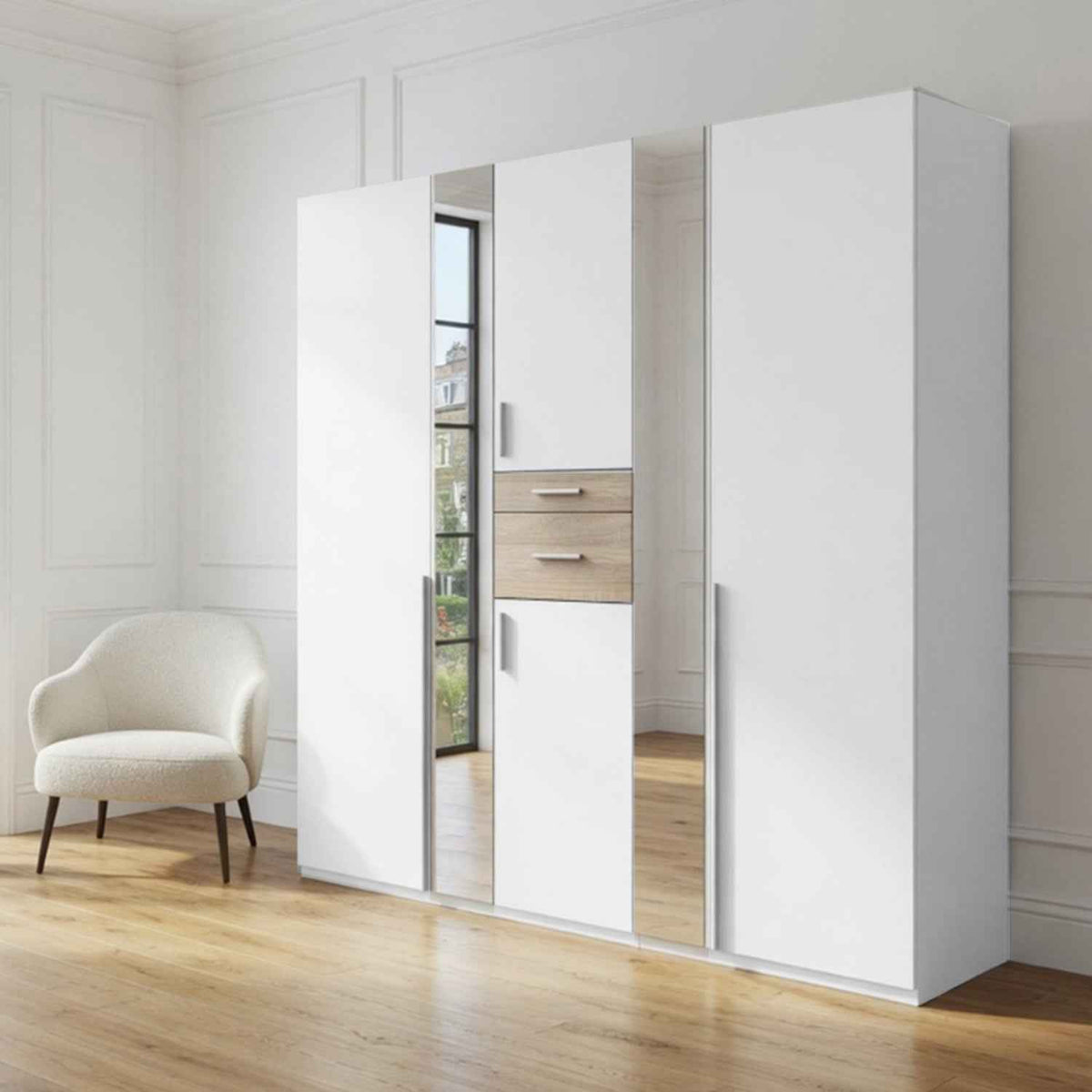 Canterbury Oak and White 5 Door Wardrobe with Mirrors and Drawers