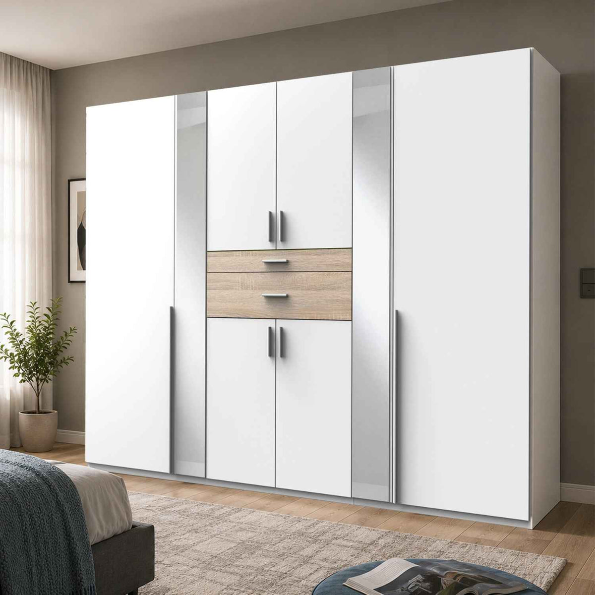 Canterbury Oak 6 Door Wardrobe with Mirrors and Drawers