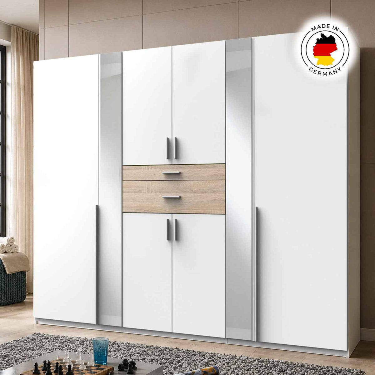 Canterbury Oak 6 Door Wardrobe with Mirrors and Drawers