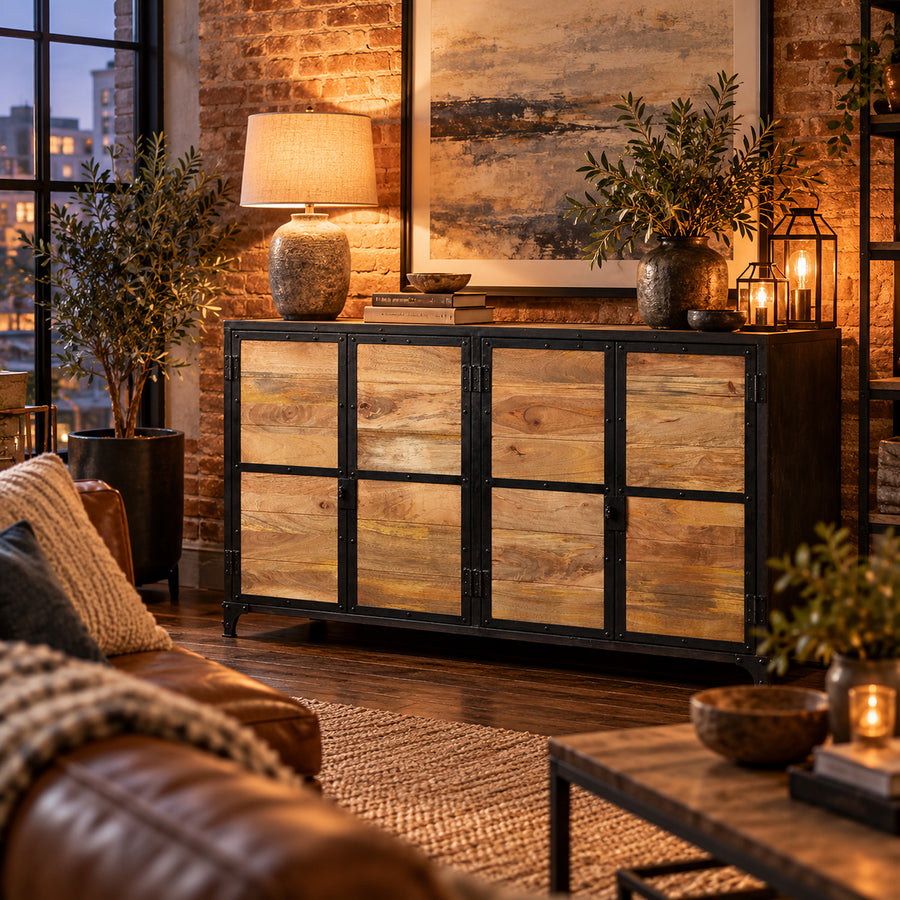 Carbonne Black Large Industrial Metal and Wood 2 Cupboard Sideboard - image 3
