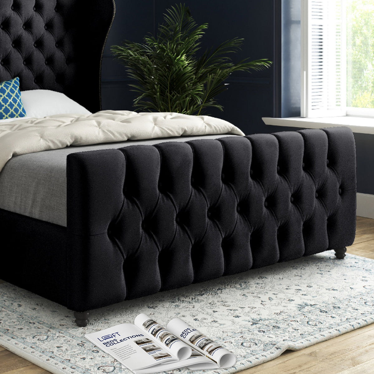 Dozer Straight Curved Top Upholstered Soft Velvet Designer Bed Frame