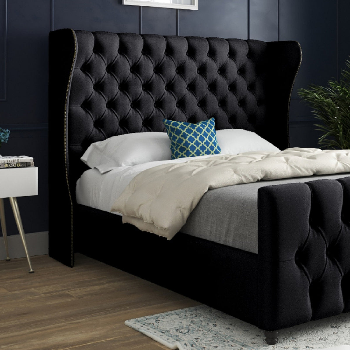 Dozer Straight Curved Top Upholstered Soft Velvet Designer Bed Frame