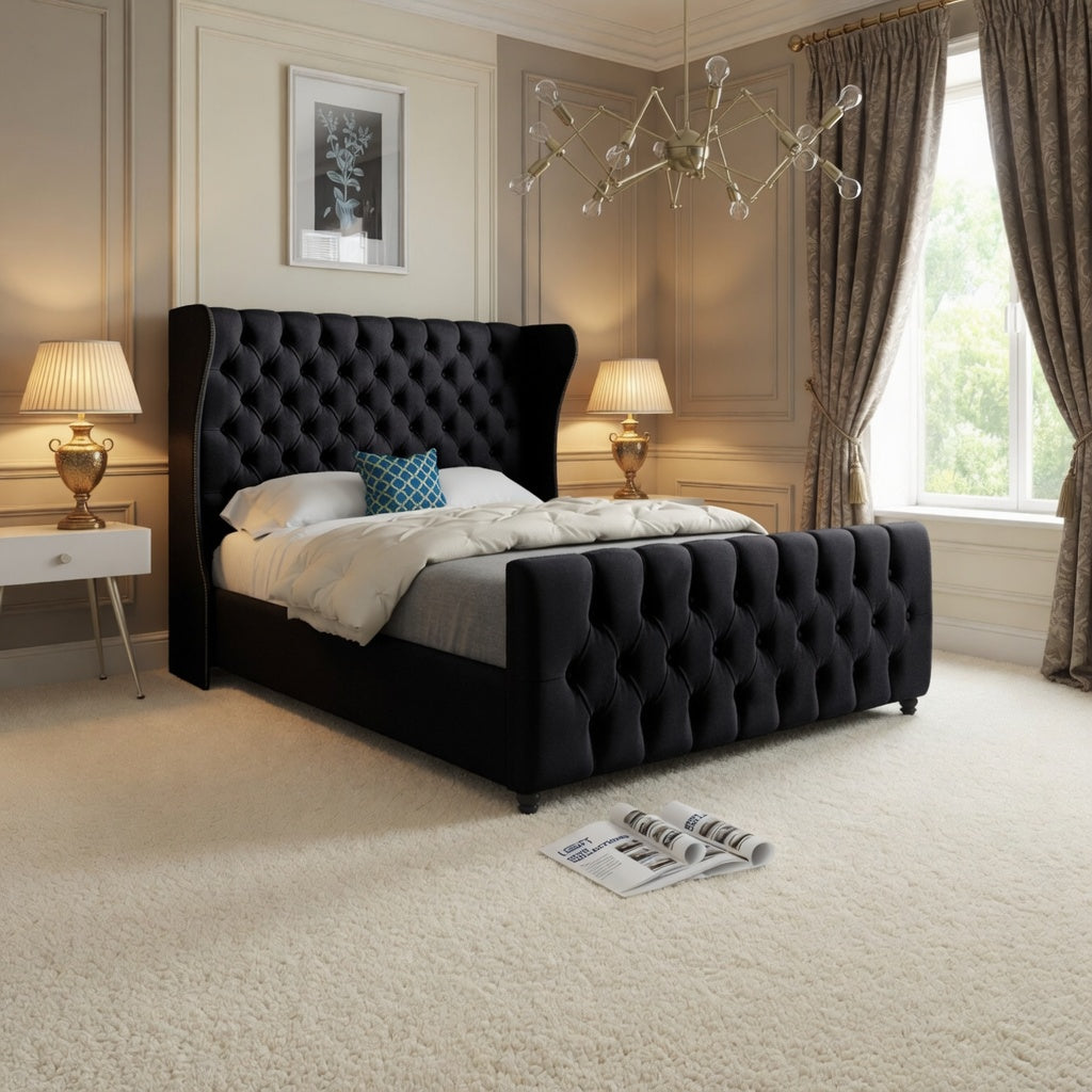 Dozer Straight Curved Top Upholstered Soft Velvet Designer Bed Frame