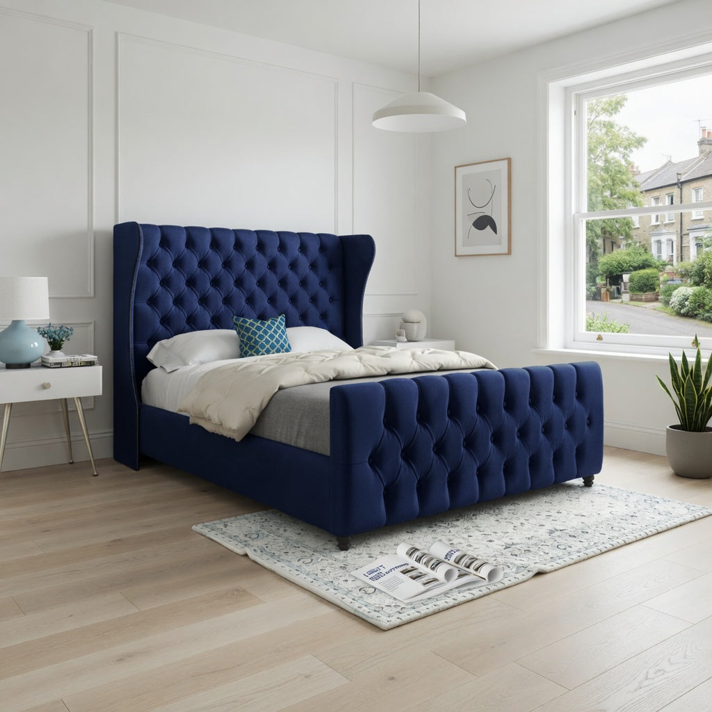 Dozer Straight Curved Top Upholstered Soft Velvet Designer Bed Frame
