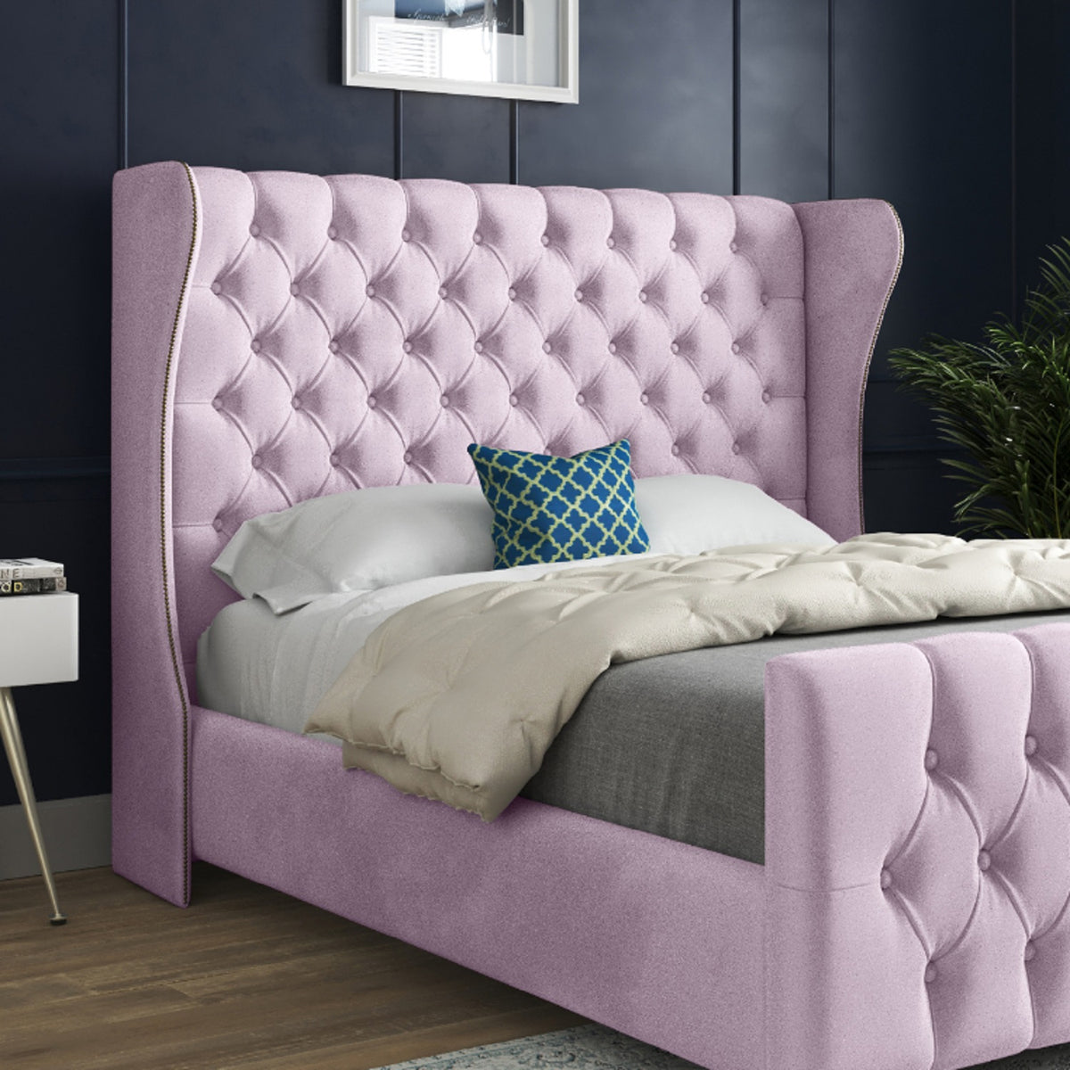 Dozer Straight Curved Top Upholstered Soft Velvet Designer Bed Frame