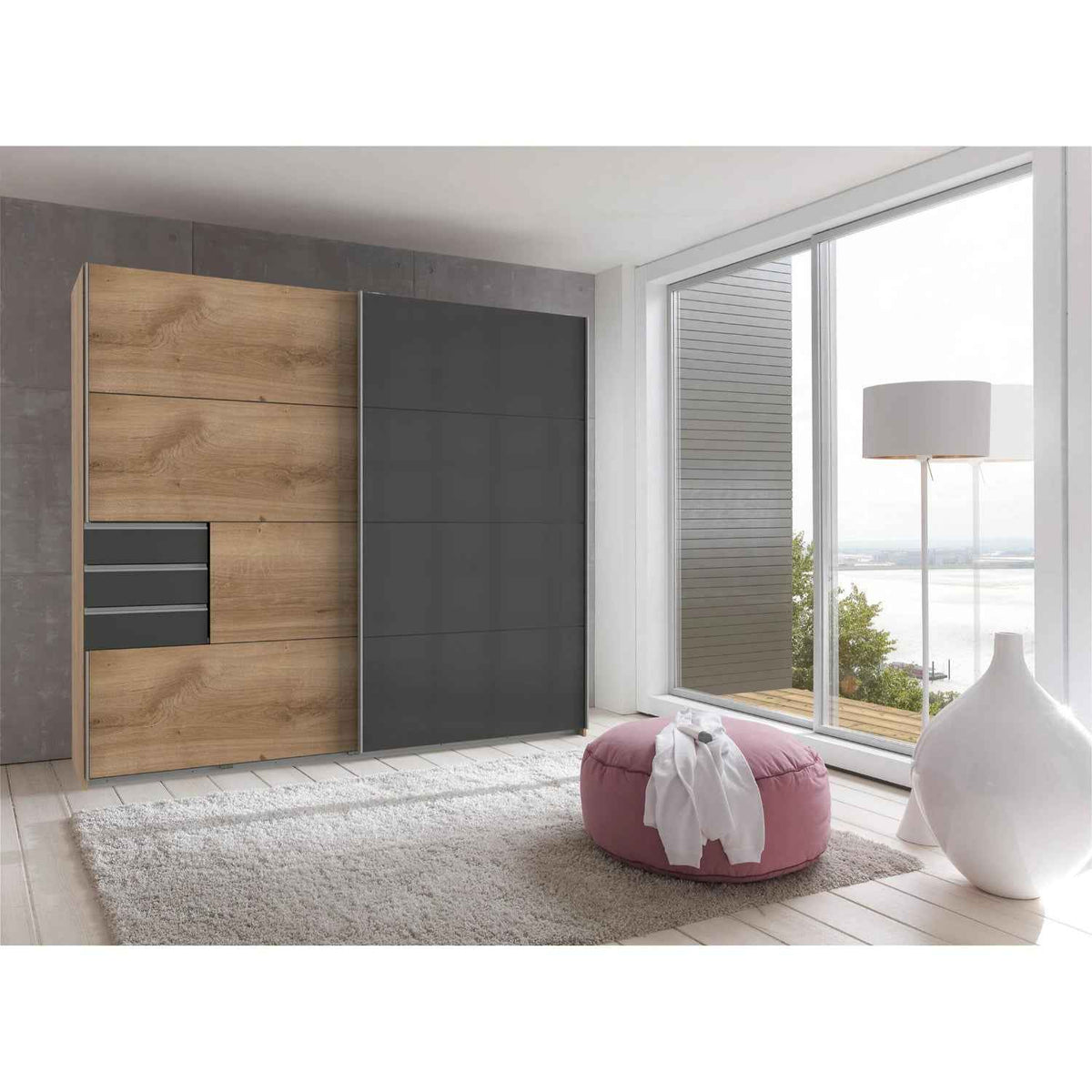 Cambridge 225cm Oak and Black Glass Sliding Door Wardrobe