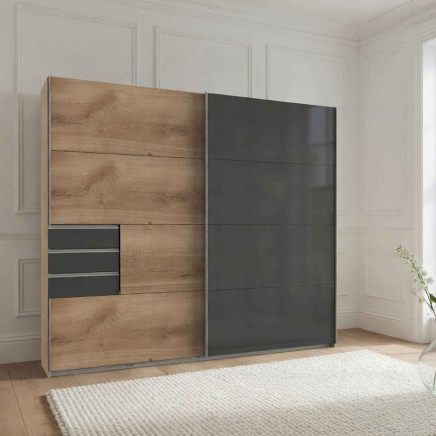 Cambridge 225cm Oak and Black Glass Sliding Door Wardrobe