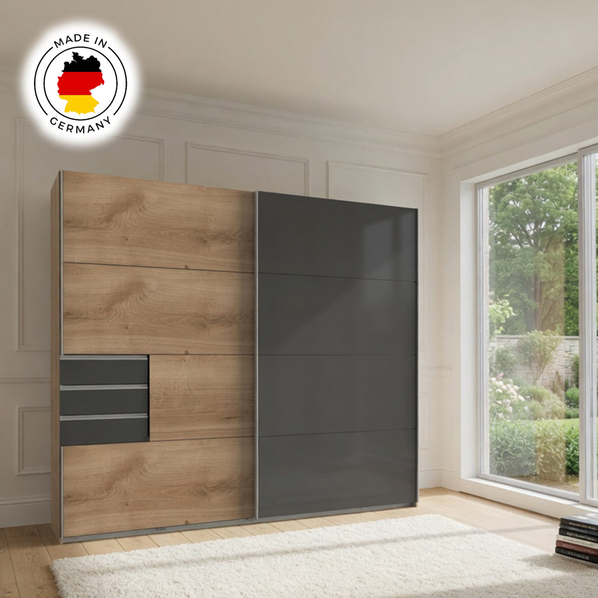 Cambridge 225cm Oak and Black Glass Sliding Door Wardrobe - image 6