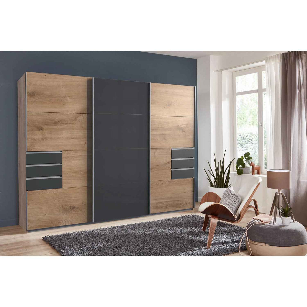 Cambridge 270cm Oak and Black Sliding Door Wardrobe