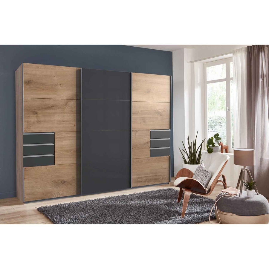 Cambridge 270cm Oak and Black Sliding Door Wardrobe