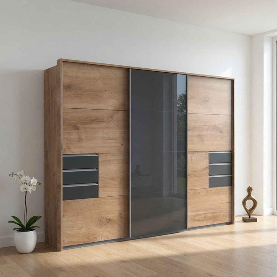 Cambridge 270cm Oak and Black Sliding Door Wardrobe