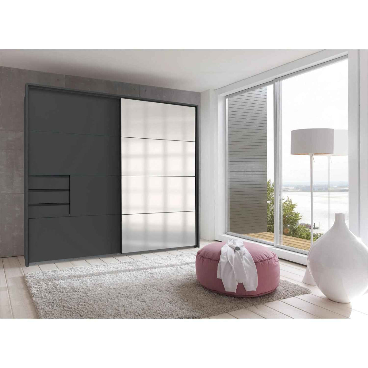 Cambridge 225cm Sliding Wardrobe in Graphite with Mirrored Doors