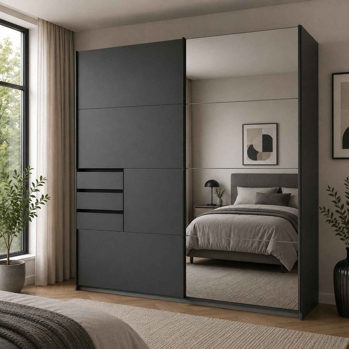 Cambridge 225cm Sliding Wardrobe in Graphite with Mirrored Doors