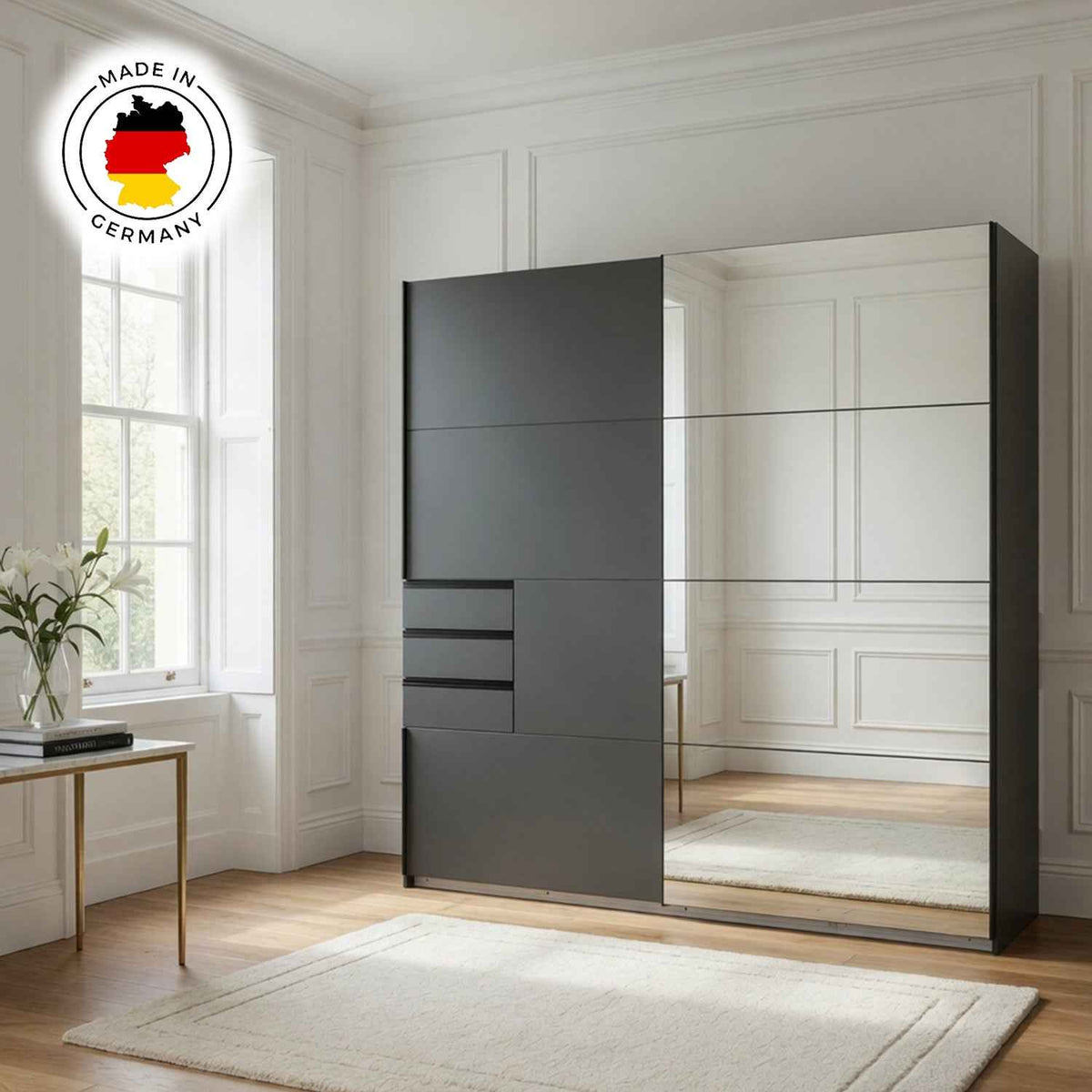 Cambridge 225cm Sliding Wardrobe in Graphite with Mirrored Doors