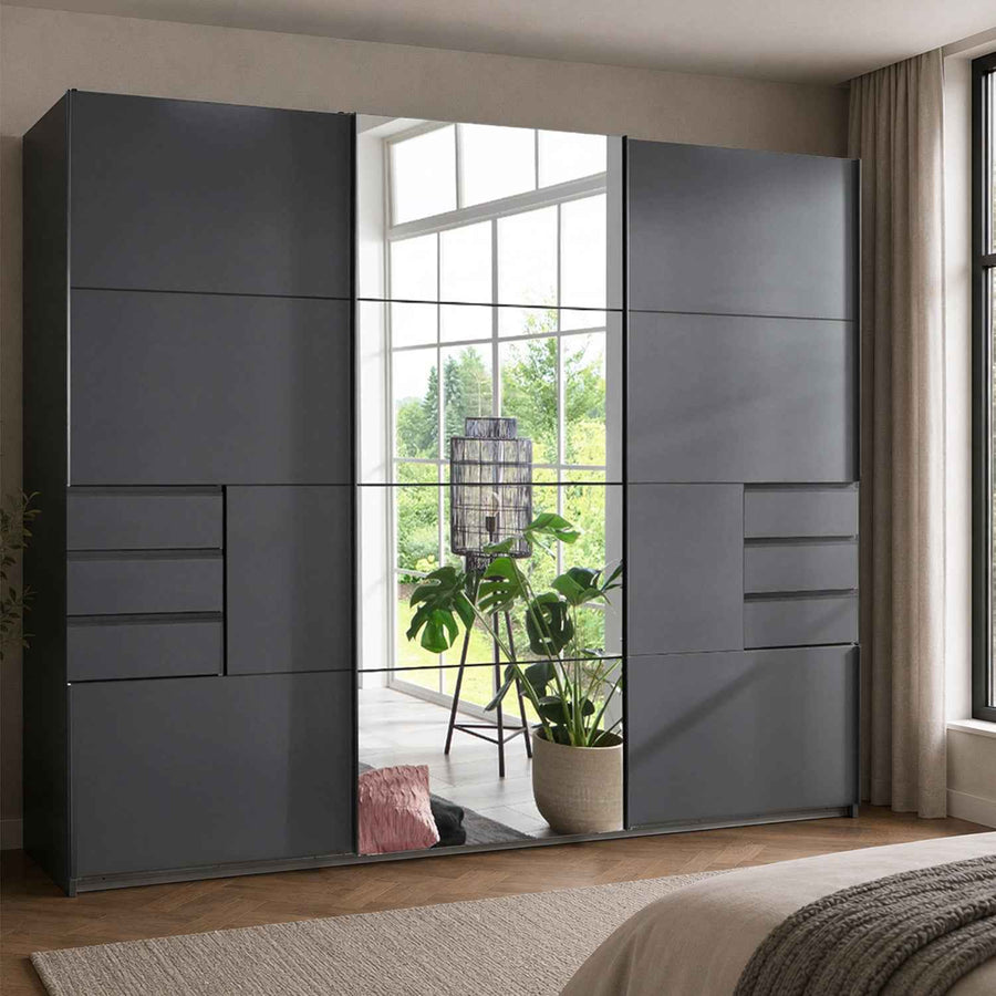 Cambridge 3 Door Sliding Wardrobe in Graphite with Mirror Centre Door