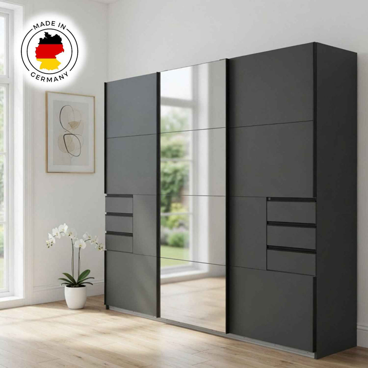 Cambridge 3 Door Sliding Wardrobe in Graphite with Mirror Centre Door